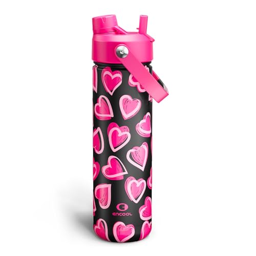 Image of ENCOOL Insulated Water Bottle with Straw Stainless Steel Water Bottle, Leak-Proof, BPA-Free, Keeps Cold for 24 Hours for Sports, Travel, School (26 oz, Sketch Hearts Pink x Black)
