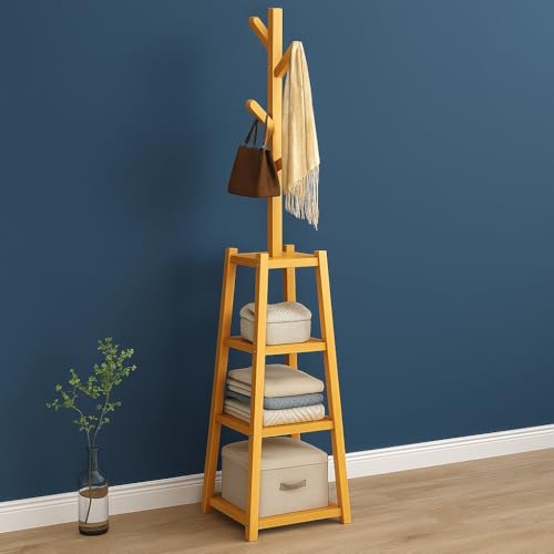 Image of Lukzer Wooden Bamboo Clothes Rack with 6 Hooks & 3-Tier Shelf | Freestanding Coat & Hat Stand | Multipurpose Garment Organizer for Entryway, Bedroom, Living Room, Hallway & Office (171x30cm)