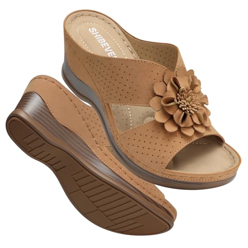 SHIBEVER Brown Wedge Sandals for Women Comfortable Dressy Summer Shoes