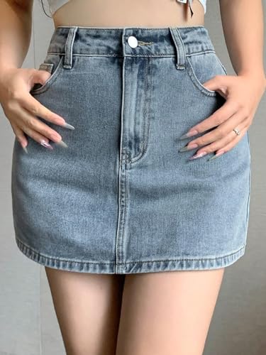 Image of Lymio Skirts for Women | Denim Mini Skirt | High Waisted Light Blue Jean Skirts for Women | Casual Short Pencil Skirt with Pockets | Slim Fit Stretch Denim Bottoms (LWHP-62-63)