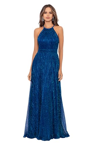 Image of Betsy & Adam Women's Long Metallic Sleeveless Halter Neck Wrap Overlay Gown, Royal, 4