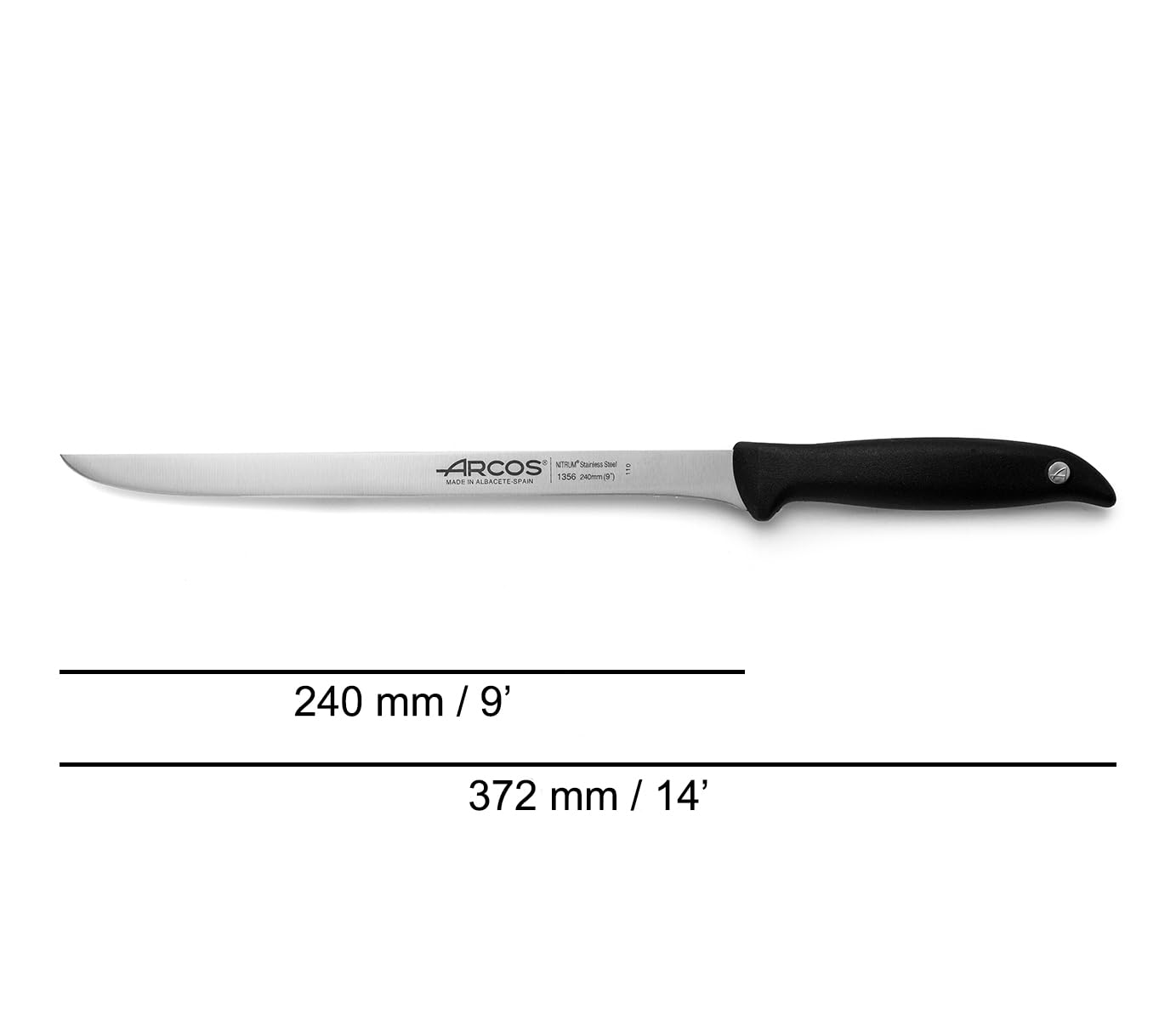 Arcos Couteau à Jambon Acier Inoxydable Nitrum Lame 240 mm Poignée POM Noir Série Menorca