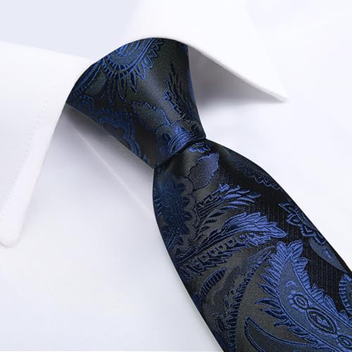 Image of DiBanGu Silk Floral Ties for Men Woven Paisley Necktie and Tie Clip Handkerchief Cufflinks Set for Party Wedding