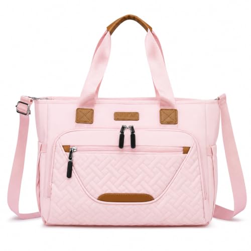 Image of FHELAD Diaper Bag Tote for Women, Baby Diaper Bag 16L (Pink) | 5 Insulated Pockets, Stroller Clip, 15.6 Inch Laptop Compartment, Detachable Shoulder Strap