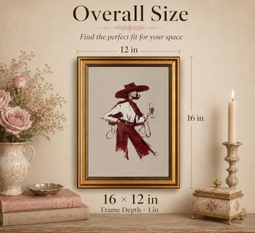 Image of Gold Framed 3D Textured Wall Art, Red Wine Cowgirl Canvas Prints, Modern Western Burgundy Fashion Pictures Decor, Vintage Editorial Cowgirl Artwork for Living Room Bedroom Entryway 12x16inch