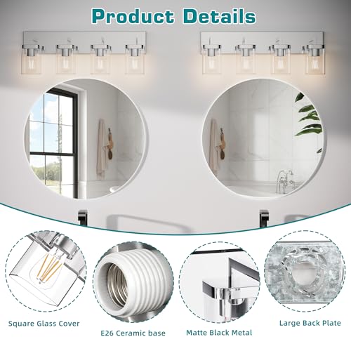 Image of Chrome Bathroom Vanity Light, Square Design 4 Lights Morden Vanity Lighting Fixtures Over Mirror, Bathroom Vanity Light Fixtures for Living Room /Bedroom