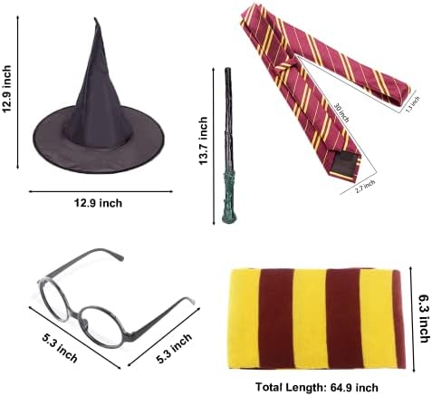 Sasifeni 6 Pcs Set Adult Wizard Costume, World Book Day Fancy Dress for Men, Women, Adult Halloween Outfits Includes Hooded Black Cape, Scarf, Wand, Tie, Maroon Glasses and Wizard Hat