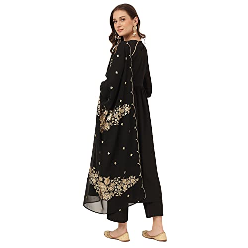 Image of FIORRA Women's Black Poly Crepe A-line Kurta with Pant and Dupatta