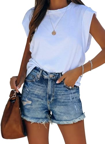 Image of onlypuff Women Denim Shorts Ripped Mid Waisted Jean Shorts with Pockets