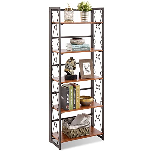 Vecelo 5 Tier Folding Bookshelf, 2-Step Assembly Foldable Bookcase With Standing Display Shelves, Collapsible Metal Frame With Lace X Shape And Anti-Toppling Design, 1 Set #TOP9