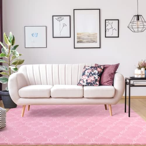 Chicrug Shag Geometric Modern Area Rug for Bedroom, 4x6 Feet Memory Foam Indoor Carpet, Moroccan Fluffy Rug for Living Room Bedside Room Decor for Family Girls Kids Nursery Play Mat, Pink/White 7 41E8Fu6I+ML. AC