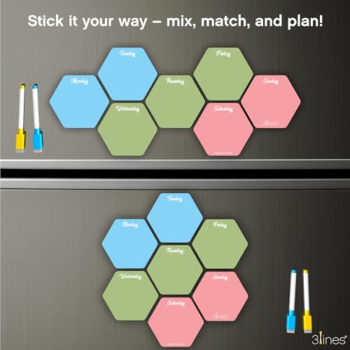 3 Lines Weekly Meal Planner | Acrylic Honeycomb Design for Fridge Magnets with Markers | Stay Organized | Adorable Meal Planner Magnets for Each Day of The Week | 7 Pcs..