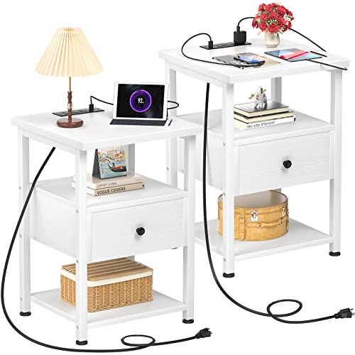 Ecoprsio Nightstand Set Of 2 With Charging Station, End Table Bedside Table With Usb Ports, Modern Nightstands With Drawers Storage Shelf, Wood Night Stands For Bedroom, Living Room, Sofa Couch, White #TOP22