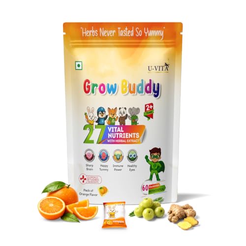 Image of U-VITA Grow Buddy Multivitamin Gummies for Kids (2+ Years) | No Added Sugar | 27 Essential Vitamins, Minerals & Pure herbal extracts | Made in India and Formulated in the UK | 60 Gummies, Orange