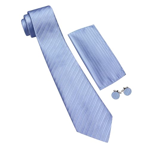 Image of Barry.Wang Solid Striped Tie for Men Silk Necktie Pocket Square Cufflinks Formal Wedding Party Business