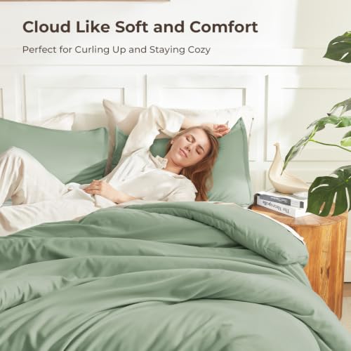 Image of Litanika Comforter Full Size Set Sage Green, 3 Pieces Lightweight Bed Set, Solid Bedding Comforters Sets, Soft All Season Down Alternative Quilt Blanket