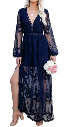 Image of LRISES Womens V Neck Floral Embroidered Lace Wedding Maxi Dress Boho Short Sleeve Slit Bridesmaid Evening Party Dresses