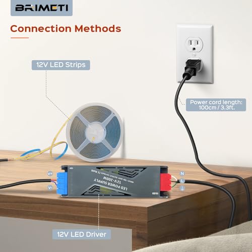 Image of LED Power Supply 12V 200W with Plug, BRIMETI LED Driver 16,6A Transformer AC 120V to 12V DC Low Voltage Switching Converter Constant Voltage Ultra Slim Adapter for Strip Light Cabinet Lights