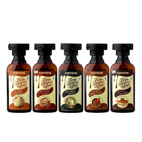Image of Carmine Zero Sugar Syrups - Combo of 5 Syrups Bourbon Vanilla, Coffee Tiramisu, Classic Chocolate, Cinnamon Vanilla and Classic Caramel Syrup), 60 g each