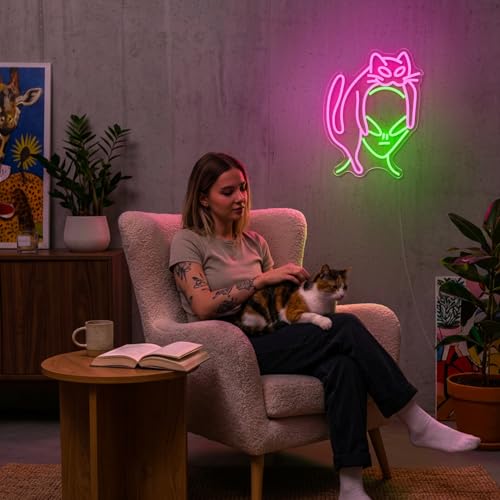 Image of Alien Cat Neon Sign,Dimmable LED Neon Signs for Wall Decor,USB Powered Alien Neon Light for Bedroom, Game Room, Bar,Aesthetic Alien Cat Lover Decor