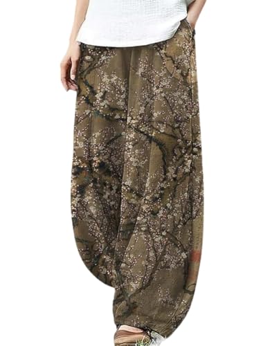 Ocean Print Cargo Pants for Women Cotton Linen Japanese Baggy Trouser Casual Boho Oil Painting Pants Wide Leg