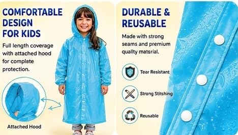Image of Kids Waterproof & Lightweight EVA Raincoat with Hooded Full Body Rain Protection for Boys and Girls Reusable Rain Wear Pack of 1