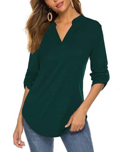 BDTECAOR Dreiviertelarm Bluse Damen Sommer V Ausschnitt Oberteile Festliche Kleidung Damen Elegante Dunkelgrün XL