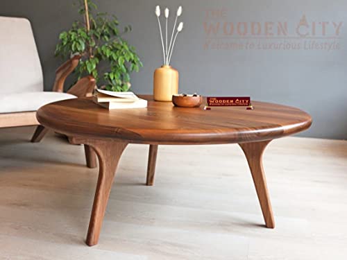 Amazon Brand -THE WOODEN CITY Solid Sheesham Wood Round Coffee Table for Living Room | Small Space Center Table to Look Like Royal Outdoor and Indoor Area (Natural Teak Honey)