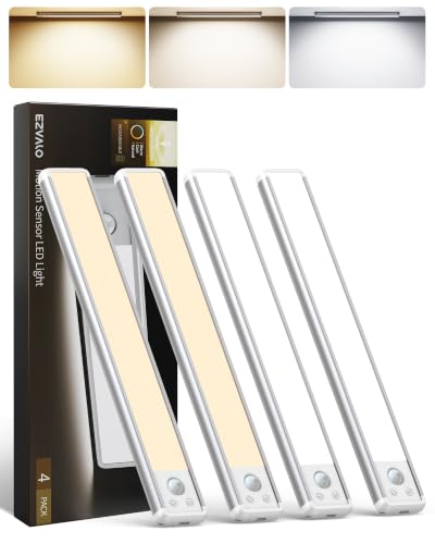 EZVALO 4-Pack Under Cabinet Lighting 12-inch Motion Sensor Light 2400mAh Rechargeable 3 Color Temperatures Dimmable Magnetic Wireless Lighting for Kitchen Closet Pantry Stairs Hallway Bar