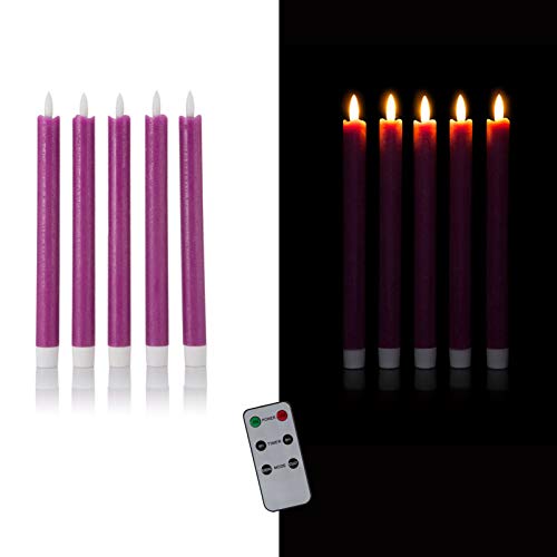 DbKW (Beere) 5er Set LED Stabkerzen in Echtflammen-Optik mit Fernbedienung und 4/8 Stunden Timer aus Echtwachs. Neustes Modell! Flackereffekt und Standlicht. Tafelkerzen Kerzen