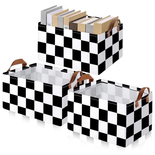 Image of Boao 3 Pcs Black and White Checkered Storage Basket with Handle