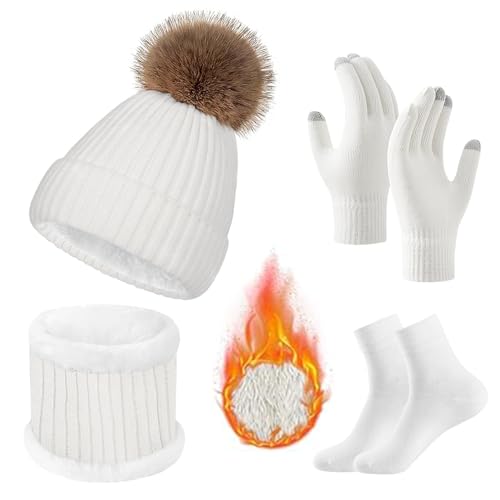 Gorro de invierno para mujer,Gorras Invierno con Bufanda y guantes de visualización táctil 4 en1 Unisexo,juego de gorro de punto con forro polar clima frío Regalos Navidad para esposas y amigas