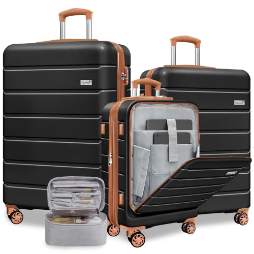 Image of KEYTANG SmileLine 3-Piece Luggage Set Lightweight Hardside Suitcase TSA Lock Spinner Wheels, 20 inch Expandable Carry-On Luggage with Quick Access Front Open Pocket, Bonus Makeup Bag,Apricot Black