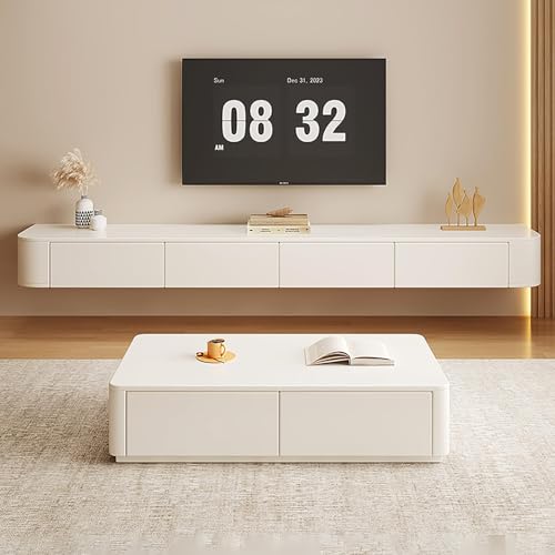 Image of Floating TV Stand Wall Mounted - Wall Entertainment Center with Flip-Down Doors & Drawers, Modern Hanging TV Shelf for Living Room, Media Console for 65 /75 80 Inch TVs (White, 102.4 IN /260CM)