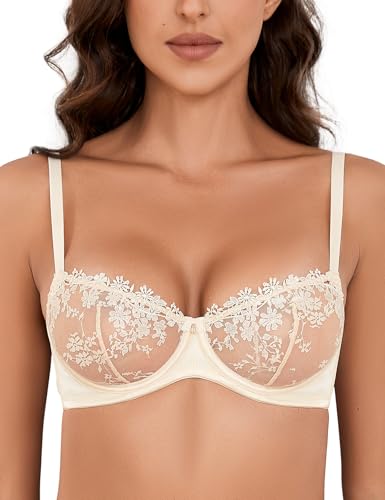 Image of Wingslove Women's Sexy Lace Bra Demi Sheer Mesh Balconette See Through Bralette Unlined Underwire Embroidered