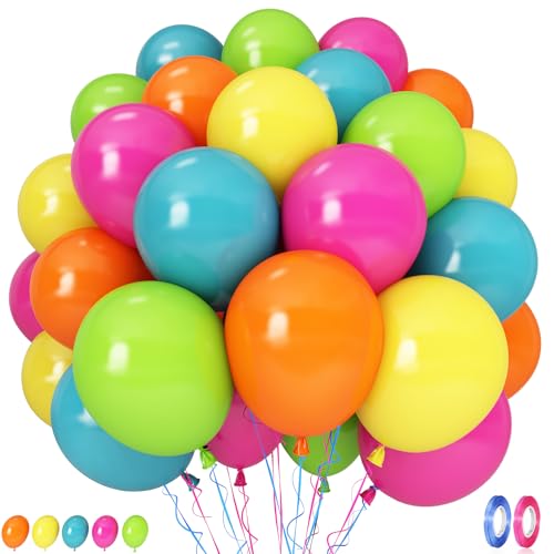 Image of Hawaii Balloons Set, Pack of 60 12 Inch Hot Pink Orange Blue Light Green Yellow Neon Rainbow Latex Balloon for Summer Tropical Flamingo Luau Beach Aloha Baby Shower Birthday Party Decorations Supplies