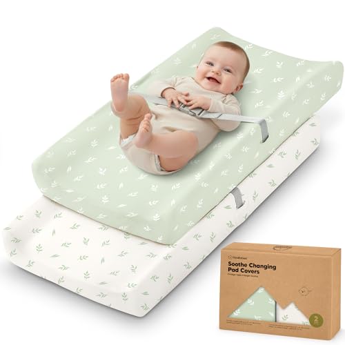 Image of 2-Pack Organic Changing Pad Covers for Girl, Boy, 100% Cotton (Herb) | 34x18, Soft Diaper Changing Table Pad Cover, Contour Baby Changing Pad Sheets, Gender Neutral Liners, Nursery Dresser, Fitted