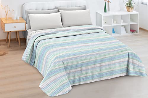 CosìCasa Colcha Cama 90 Individual Acolchada 100 Gramos/mq [250X250 cm] | Colcha Individual Ligera Primavera/Verano | Edredón Relleno Nórdico Suave con Patrón de Rayas Azules