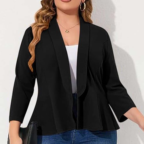 Plus Size Blazer for Women 3/4 Sleeve Open Front Lightweight Work Office Suit Jacket Cute Shawl Collar Ruffle Cardigan3
