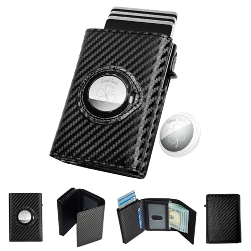 Mens Wallet Card Holder + wallet tracker,Large Capacity Genuine Leather Bifold Wallet,Credit Card Holder, Pop Up,Carbon Fiber,Item Tracker for Wallet, Luggage Tags, Phone, Passports and More