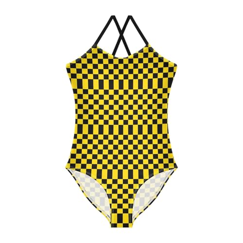 Image of Black and White Chess Girls One Piece Swimsuits Board Marble Tile Sport Halter Swimwear Beach Bathing Suit 3T