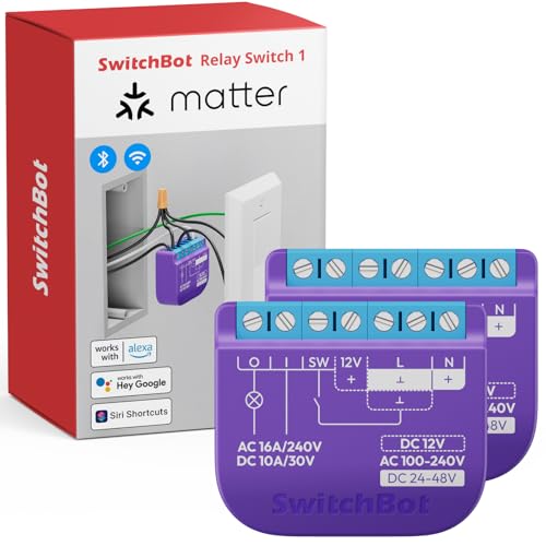 SwitchBot Wlan Schalter 1 (2er-Pack) kompatibel mit Alexa/Apple Home/Google Home, Leistungsmessendes Relaisschaltmodul mit integriertem Bluetooth Repeater und Trockenkontakt, Wi-Fi 2,4 GHz, 16A
