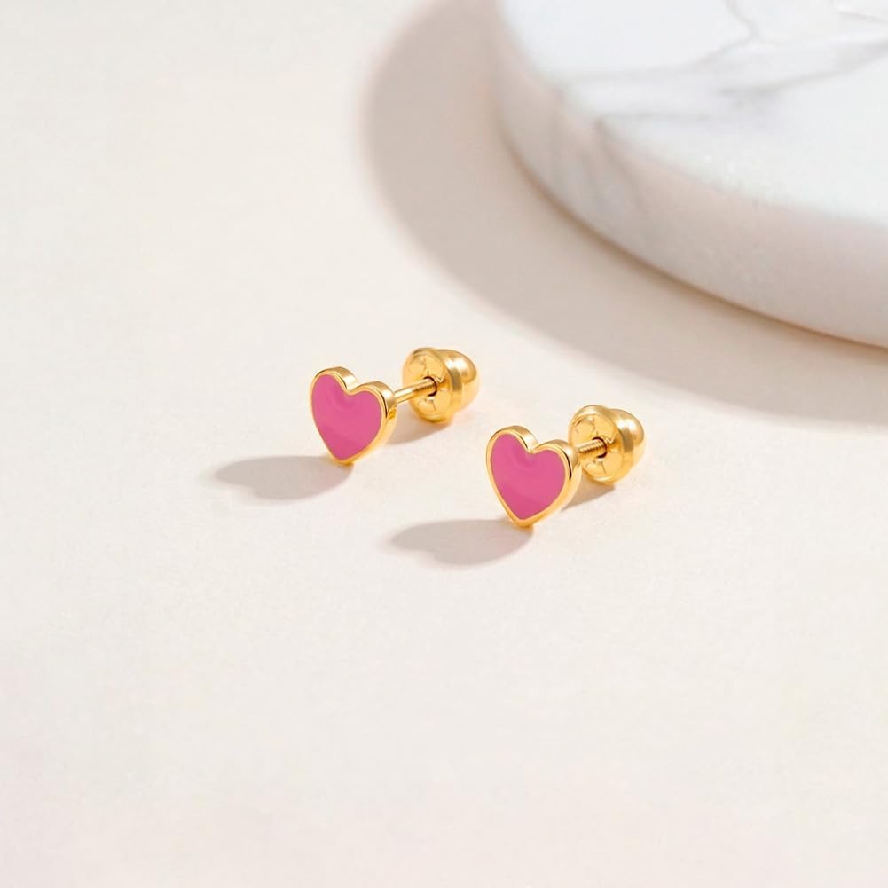 14k Yellow Gold 5mm Pretty Pink Enamel Heart Screw Back Earrings for Young Girls - Hearts Safety Screw Back Locking for Children - Cute & Fashionable Heart Screw Backs for Little Girls & Toddlers