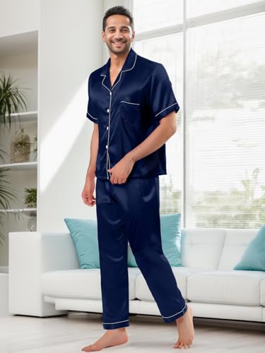 IFFEI Men's Silk Pajamas 2 Piece Short Sleeve Button Down Top and Pants Matching Pj's Set with Pockets2
