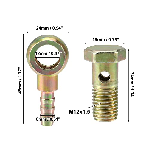 X AUTOHAUX 1Set Banjo Bolt Kit M12x1.5 Banjo Bolt Hose Barb Fittings Brake Line Fitting Adapter with Copper Washers for Motorcycle Car Iron Bronze Tone