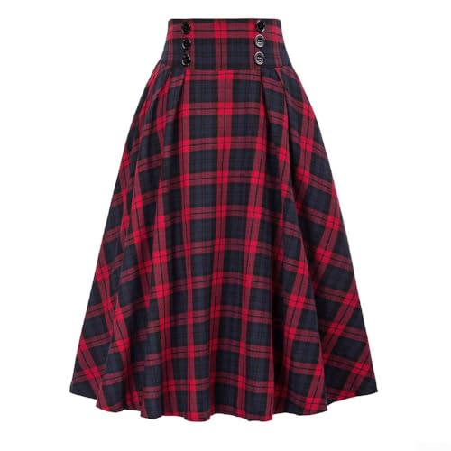 Lässiges Damenkleid, lockeres Vintage-Kleid, Schottenkaro, kariert, langer Rock mit hoher Taille (S, Rot)