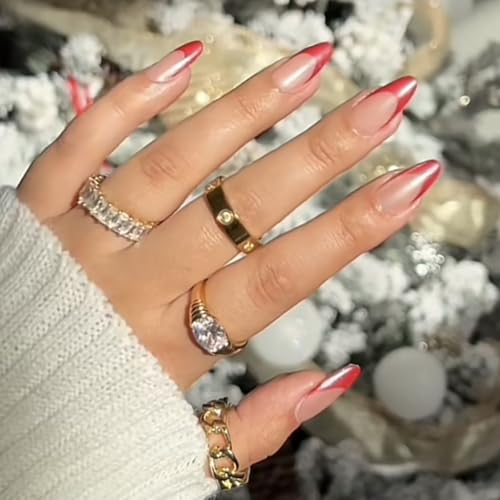 YOSOMMK Red French Fake Nails Medium Press on Nails Almond Glossy Acrylic Glue on Nails Full Cover Artificial False Nails for Women and Girls — view 3