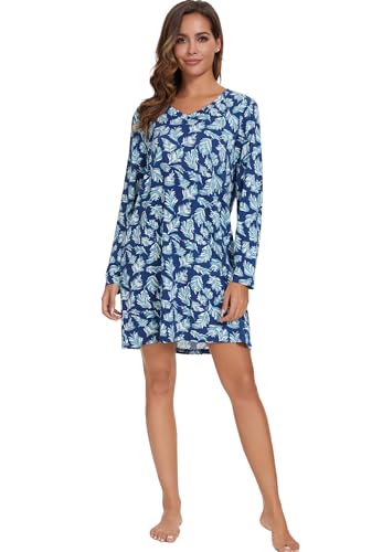 Image of Kabento 2 Pack Long Sleeve Nightgowns for Women Soft Cotton Night Gowns Sleepwear V Neck Nightshirts