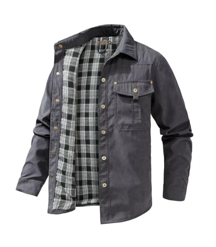 Image of FTIMILD Men's Flannel Lined Shirt Jacket Rugged Snap Button Shacket Cowboy Western Style Long Sleeve Outdoor Fall Jacket