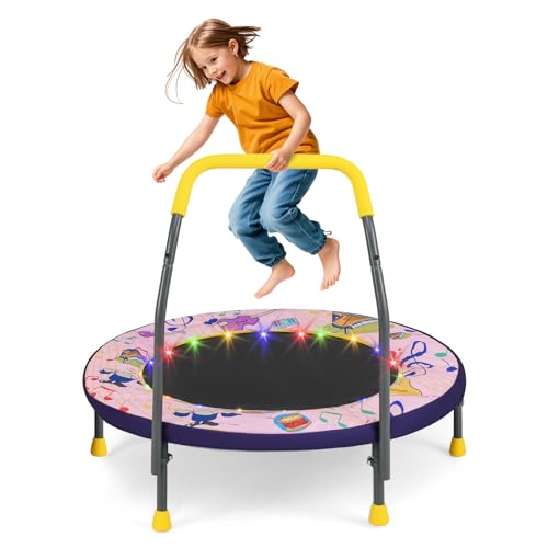 Image of COSTWAY 36 Inch Mini Trampoline for Toddlers, Foldable LED Lighting Children Exercise Rebounder with Foam Handle and Padded Safety Cover, Indoor Outdoor Kids Trampolines for Boys Girls (Pink)